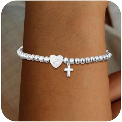 Initial Cross Gold Bracelets for Women Christian Beads Jewelry for Girls | 14K Gold Plated Letter Bracelet, Stretch Elastic Baptism Religion Christian Gifts for Women Teen - color: Silver-N