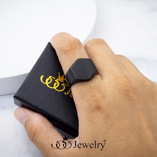 555Jewelry Stainless Steel Solid Plain High Polish Round Signet Ring for Men - color: Hexagon Black