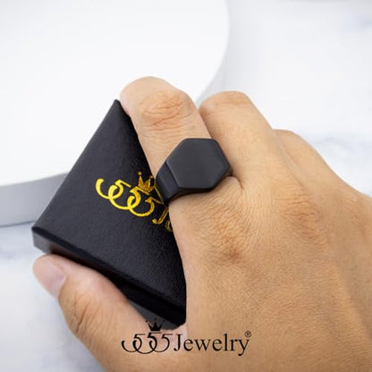 555Jewelry Stainless Steel Solid Plain High Polish Round Signet Ring for Men - color: Hexagon Black