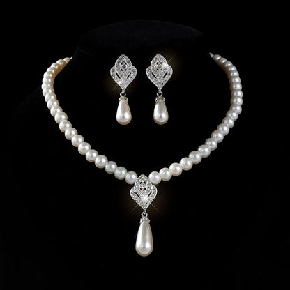 Pearl Necklace and Earring Set for Women,Pearl Jewelry Set Fake Pearls Necklace Imitation Beaded Collar de Perlas Para Mujer Necklaces for Prom Bridesmaid Costume Accessories - color: B-Silver Water Drop