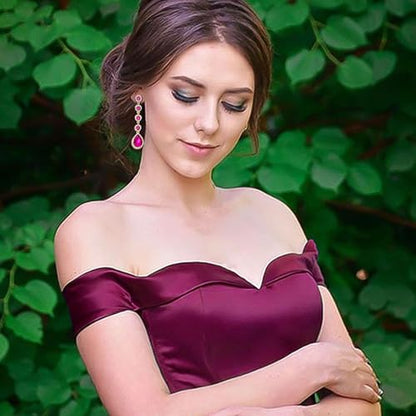 EleQueen Women's Wedding Crystal Teardrop Pear Shape 3 Inch Clip on Long Dangle Earrings for Bride Bridesmaid, Jewelry for Party Prom/Anniversary - color: Hot Pink Gold-Tone