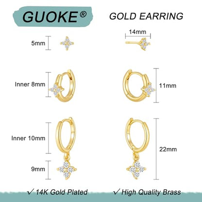 3 Pairs Earring Stacks, Gold Earring Set Jewelry Gift for Women | Small, 14K Gold/White Gold/Black/Rose Gold Plated, Hypoallergenic, Her, Everday, Stackable, Simple, 3 Holes - color: Gold-Clover
