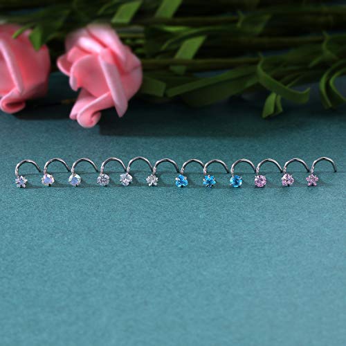 ZS 20G Nose Stud Rings Set, Stainless Steel CZ Nose Piercing Jewelry | Hypoallergenic Nose Bone Rings, L Shaped & Screw Nose Studs, 3mm CZ Stone Nostril Jewelry for Women Men - color: 12pcs Nose Screws Style