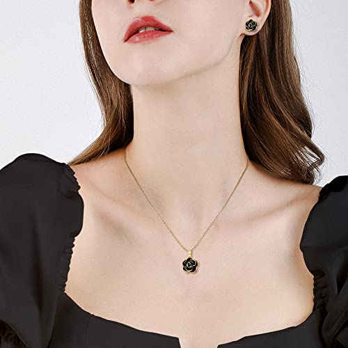EleQueen Rose Flower Necklace Earrings Bracelet Set for Women - color: 09_Black Gold-Tone