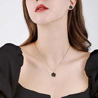 EleQueen Rose Flower Necklace Earrings Bracelet Set for Women - color: 09_Black Gold-Tone