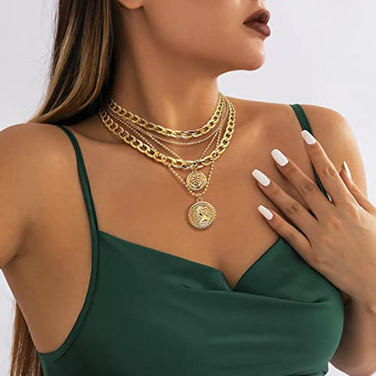 MJartoria Gold Layered Necklaces for Women Trendy Retro Birthflower Coin Pendant Necklace Dainty Chunky Chain Choker Necklaces for Jewelry Birthday Gifts - color: Golden, style: May Birthflower-Lily