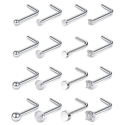 SCERRING 18G Stainless Steel L-Shaped Nose Stud Rings Tragus Lip Hoop Piercing Jewelry 1.5-3mm Clear CZ 8-30PCS - color: 16PCS - Silver