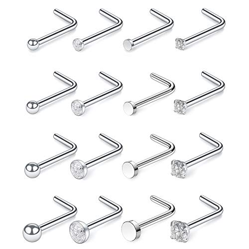 SCERRING 18G Stainless Steel L-Shaped Nose Stud Rings Tragus Lip Hoop Piercing Jewelry 1.5-3mm Clear CZ 8-30PCS - color: 16PCS - Silver