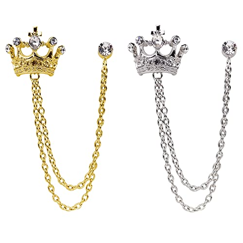 Crystal Crown Hanging Chain Brooch Suit Pin,Vintage Gold Crown Brooch,Suit Stud,Shirt Studs,Lapel Pin Accessories for Men Women - color: Gold Silver