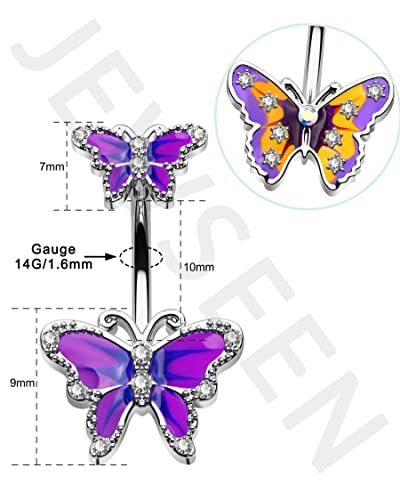 Jewseen Butterfly Belly Button Ring Surgical Steel 14G Belly Ring Purple Navel Piercing Jewelry Curved Barbell Belly Piercing Jewelry for Women
