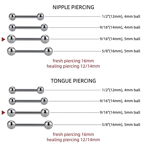 14G ASTM F136 Titanium Straight Barbell Rings for Nipple/Tongue/Dimply/Industrial - Internally Threaded Hypoallergenic Body Piercing Jewelry Gift for Women & Men, Nickel Free, Lead-Free - color: 14G(1.6mm), 9/16"(14mm), 5mm top