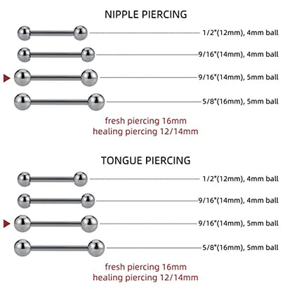 14G ASTM F136 Titanium Straight Barbell Rings for Nipple/Tongue/Dimply/Industrial - Internally Threaded Hypoallergenic Body Piercing Jewelry Gift for Women & Men, Nickel Free, Lead-Free - color: 14G(1.6mm), 9/16"(14mm), 5mm top