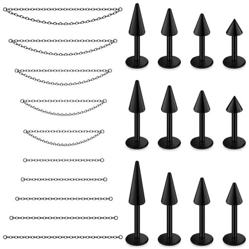 20G 18G 16G Flat Back Earrings Nose Rings Studs Chain Piercing Surgical Steel Spike Lip Nose Rings Stud Snake Bite Tragus Helix Conch Cartilage Earrings Piercing Jewelry For Women Men - color: Black, size: 16 Gauge