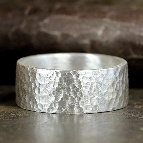 925 Sterling Silver Wedding Ring Hammered Flat Pipe Cut Textured Thick & Durable Handmade Unisex Mens & Women Rustic Engagement Promise Band - US Size 4-13 - Custom Engraving - color: 01 - 8mm Silver