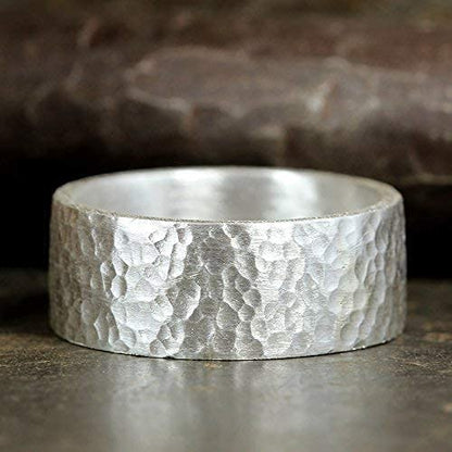 925 Sterling Silver Wedding Ring Hammered Flat Pipe Cut Textured Thick & Durable Handmade Unisex Mens & Women Rustic Engagement Promise Band - US Size 4-13 - Custom Engraving - color: 01 - 8mm Silver