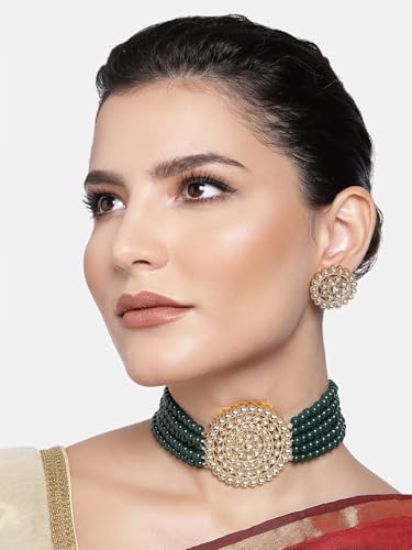 Aheli Pearl Diamond Choker Necklace & Round Earrings Gift for Women Indian Traditional Bollywood Fashion Bharatanatyam jewellery set - color: Green 3