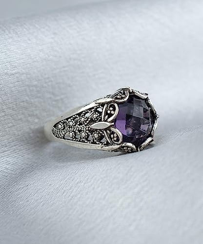 Filigranist 925 Sterling Silver Filigree Art Women Mini Dome Cocktail Ring with Gemstone, Gift Boxed - color: Amethyst