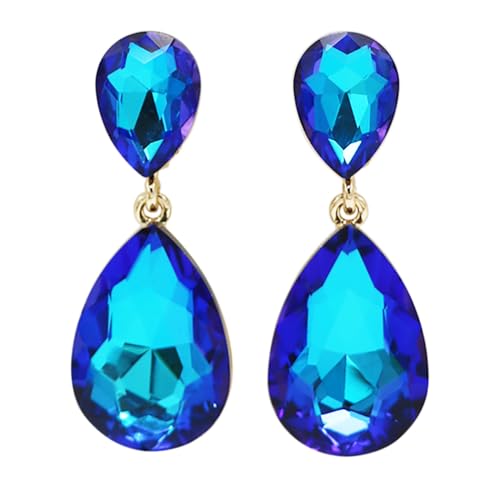 Rosemarie & Jubalee Women's Double Teardrop Statement Glass Crystal Rhinestone Dangle Clip On Bridal Earrings, 2" - color: AB Blue Crystal Gold Tone