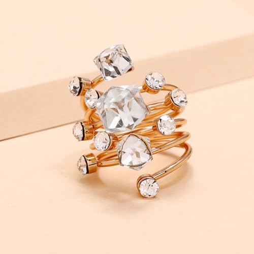 Big Geometric Cube Crystal Ring for Women Statement Geometry Rhinestone Open Rings Crystal Rhinestone Cocktail Ring CZ Fashion Classic Party Wedding Jewelry - color: White