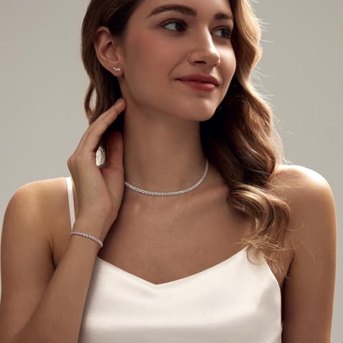 Luxval Tennis Necklace Set for Women Tennis Bracelets Diamond Earrings Sterling Silver Necklace Wedding Jewelry for Bride Silver Jewelry Sets for Women Gift - color: Silver-3CZ tennis set