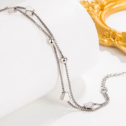 925 Sterling Silver Plated Bracelets for Women Love Heart Charm Chain Bracelet Bangle Fashion Jewelry Gifts - style: layered-heart chain