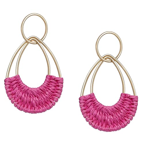 Raffia Hoop Earrings for Women Fun Boho Summer Beach Earrings Lightweight Handmade Straw Wicker Rattan Dangle Earrings Statement Geometric Round Drop Earrings - color: Hot Pink - Teardrop