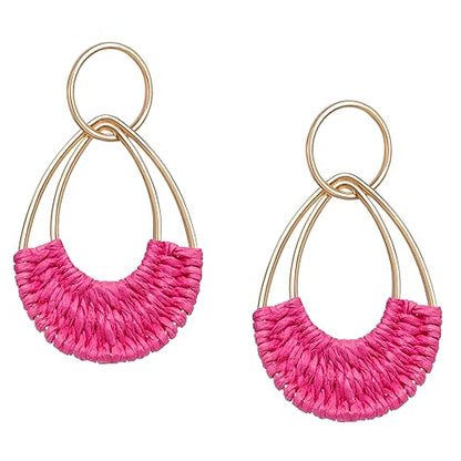 Raffia Hoop Earrings for Women Fun Boho Summer Beach Earrings Lightweight Handmade Straw Wicker Rattan Dangle Earrings Statement Geometric Round Drop Earrings - color: Hot Pink - Teardrop