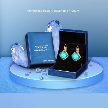 Austrian Crystal Square Leverback Drop Earrings for Women | Classic Square-Cut Crystal,14K Gold-Plated,Leverback for Easy Secure Wear,Gift Box Included,For Day and Evening Events - color: Blue-Green