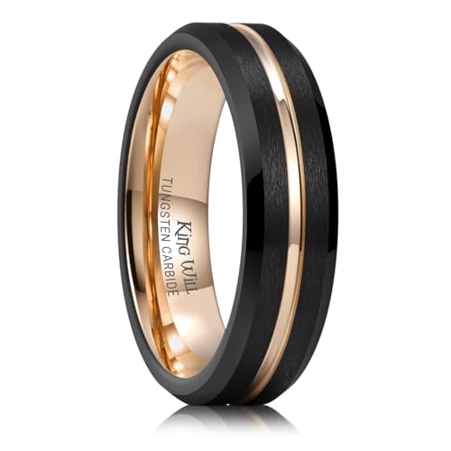 King Will Tungsten Carbide Wedding Band for Men Women-6/8/10mm Width Multicolor Available with Grooved Center Wedding Ring Suitable for Work, Gym Comfort Fit Size 4-16 - color: Rose Gold and Black-6mm