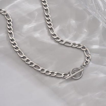 Chunky Gold Necklace for Women, 18K Gold Plated Paperclip, Figaro Link Chain Necklace, Toggle Clasp Necklaces, Trendy Non Tarnish Jewelry, Christmas Gifts - style: Figaro Toggle 17.7''-White Gold
