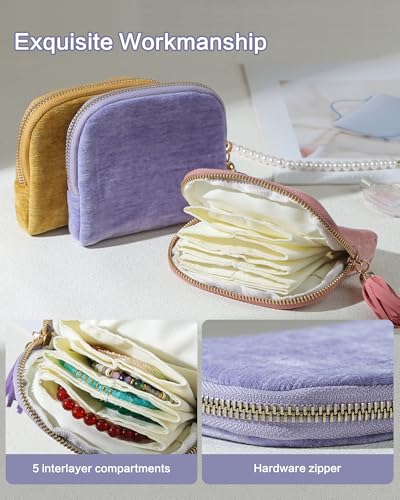 Travel Jewelry Pouch, 5-Layer Velvet Pouch, Yellow | Anti-Scratch, Tangle-Free, Bracelets Earrings Necklaces, YKK Zipper Tassel, Chenille Velvet, Travel Jewelry Case, Gift - color: Yellow