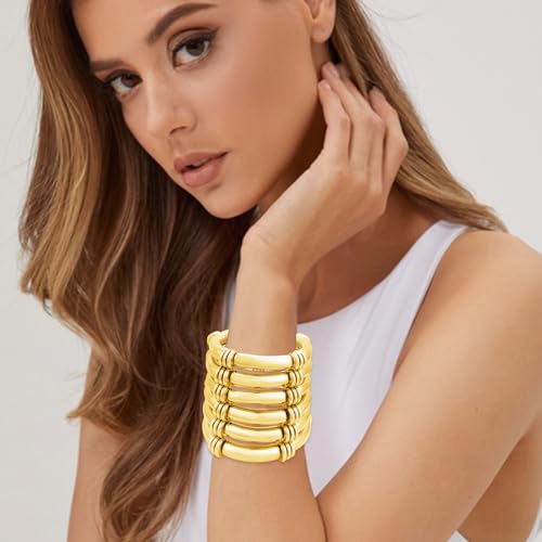 YBMYCM 5PCS Gold Chunky Bangles Bracelets for Women | 14k Gold Plated Stackable Layered Curved Bamboo Tube Stretch Bracelets Bangle Gift Jewelry - color: 6pcs G