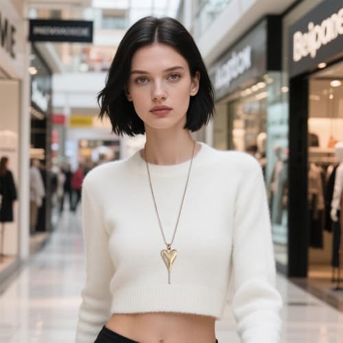 Long Heart Necklaces for Women 14K Gold-Silver Plated Trendy Brushed Chunky Pendant Layered Y Necklace Jewelry for Women With Gifts Box - color: GOLD