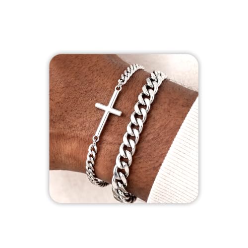 DAYANEY Mens Bracelet Silver and Gold Bracelet for Men Rakhi for Brother | Stainless Steel Cuban Chain Bracelet Set, Adjustable Bracelet for Men Jewelry Gifts for Boyfriend, Dad and Son - color: Silver Cuban & Cross Chain, size: 7.8+1.2inches