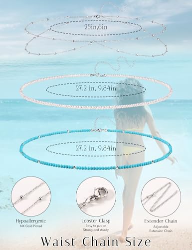 Waist Chain for Women 3Pcs Adjustable 14K Gold Plated Layered Belly Chain Pearl Beaded Waist Chain Jewelry Sets, Adjustable Waterproof Sexy Bikini Satellite Beads Sparkle Body Chain Summer Jewelry Gifts for Women - style: A-Silver