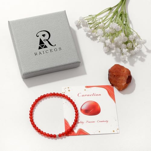Raicegs 4 6 8MM Beaded Bracelets Healing Crystal Bracelet for Women Men Natural Stone Handmade Stretch Bracelet Reiki Spiritual Jewelry - color: Carnelian, size: 4mm