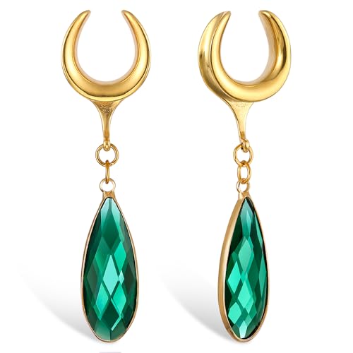 1 Pair Saddle Gauges Earring with Green Crystal Stone Ear Dangle Plugs Tunnels 00G 6mm-25mm (0G-1") Body Piercing Jewelry - color: Gold-1569, size: 22 mm