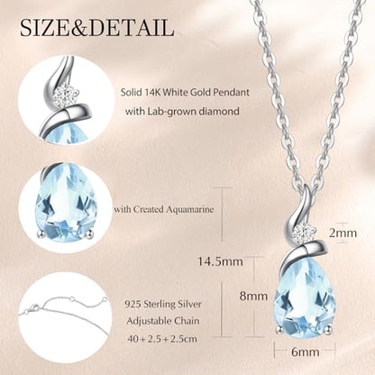 FANCIME 14K Solid White Gold Birthstone Pendant Necklace for Women with Diamond Pear Shaped Teardrop Necklace Birthday Gifts for Mom Women,Sterling Silver Chain 16" + 2" Extender - color: 03-Aquamarine