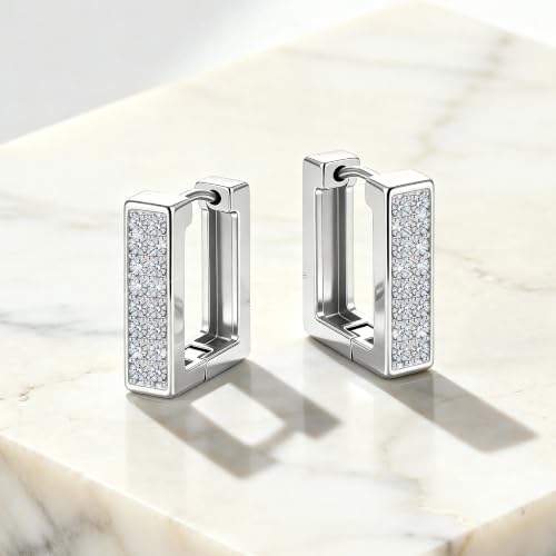 Silver Hoop Earrings for Women Gold Square Huggie Earring for Daily Wear | ALEXCRAFT Hypoallergenic Small Cubic Zirconia Silver Earring Thin Hoop Huggie Earrings for Women Fashion Jewelry Gifts - color: Silver
