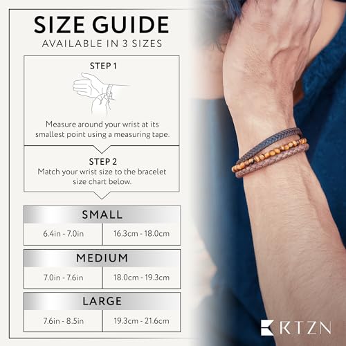 RTZN® Brown Leather Bracelet for Men – Premium Artisan Handcrafted Mens Leather Bracelet – Multi-Stand Mens Bracelet Leather Collection | Beaded Tiger Eye, Silver Chain, and Braided Brown Leather - color: Multi-Strand, size: Small