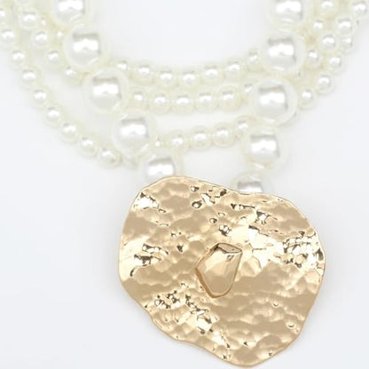 Multi Strand Bead Pendant Necklace for Women Stone Wood Pearl Jewelry | Gold Color Metal Charm Fashion Ethnic Tribal Elegant Statement - color: N1537-pearl