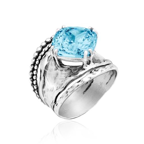 JEAN RACHEL JEWELRY 925 Sterling Silver Prong Solitaire Ring | Raised crown engagement style ring mounting a precision faceted brilliant Cubic Zirconia solitaire over stacked silver rows. - color: Aquamarine CZ