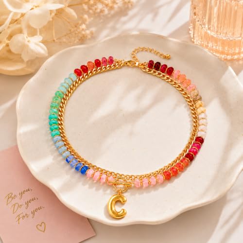 Colorful Beaded Bubble Letter Necklace For Women, Boho Double Layer Dopamine Rainbow Resin Beads Thick Cuban Chain Chunky With Initials Pendant Necklaces Summer Beach Jewelry Gift ﻿ - color: Dop C