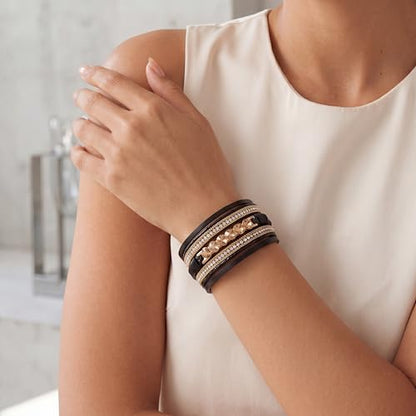 Edoneery Leather Wrap Bracelets for Women, Boho Layered Cuff Bangle | Multi-layer Leather Cuff, Daily wear, Stackable Bangle, Easy on-off, Western Jewelry Gifts for Women - color: Black-7