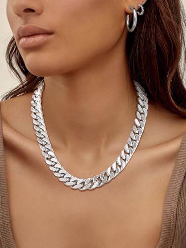 FindChic Cuban Link Chain Necklace for Women Men, Silver/Gold Plated Stainless Steel Solid Miami Curb Chain Hip Hop Punk Statement Jewelry, 5/12/14mm Width, 16/18/20 Inch Length, with Gift Box - color: 05. 14mm-Silver, size: 20inches