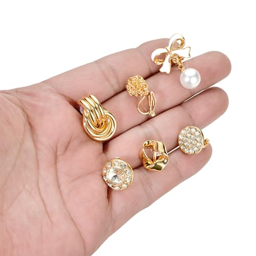 Tornito 10-15 Pairs Clip on Stud Earrings Non Pierced Teardrop Round Square CZ Pearl Twist Knot Flower Butterfly Heart Star Rainbow Cat Opal Clip on Earrings for Women - color: I:10 Pairs Gold Tone