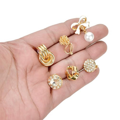 Tornito 10-15 Pairs Clip on Stud Earrings Non Pierced Teardrop Round Square CZ Pearl Twist Knot Flower Butterfly Heart Star Rainbow Cat Opal Clip on Earrings for Women - color: I:10 Pairs Gold Tone