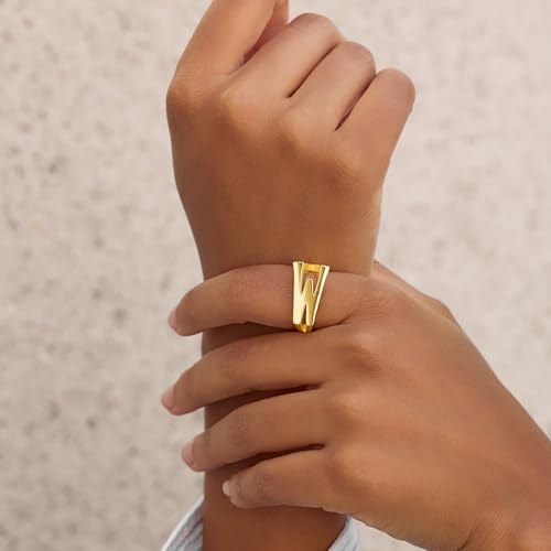 Cicy Bell Initial Rings for Women 18k Gold Plated Adjustable Rings | Open Signet Rings, Bold Letter, Personalized Engraved, For Party - color: Initial-W