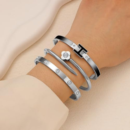 3Pcs Gold Bracelets for Women 14K Gold Plated Love/H/Nail Bangle Bracelet Dainty Non Tarnish Bracelet Jewelry Christmas Mothers Day Gifts for Women - color: 3Pcs Silver/Black H bracelet