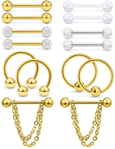 Hoeudjo 14Pcs 14G Surgical Steel Chain Dangle Nipple Rings Barbell Piercing Jewelry Retainer for Women - color: 7 Pairs/14G/Gold-tone